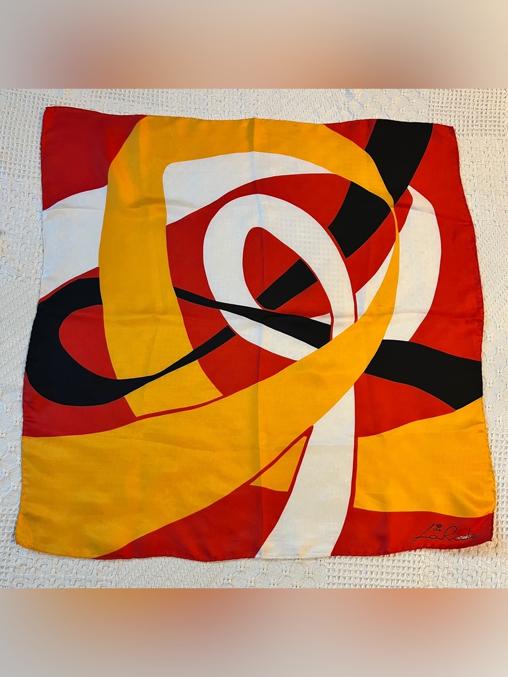 Vintage De La Roche Silk Scarf with Hand-Rolled Hem
